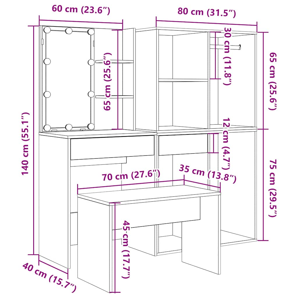 Schminktisch-Set mit LED-Leuchten Altholz-Optik Holzwerkstoff