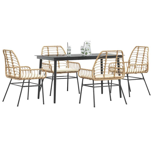 5-tlg. Garten-Essgruppe mit Kissen Braun Poly Rattan Glas