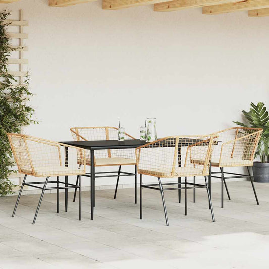 5-tlg. Garten-Essgruppe mit Kissen Braun Poly Rattan Glas