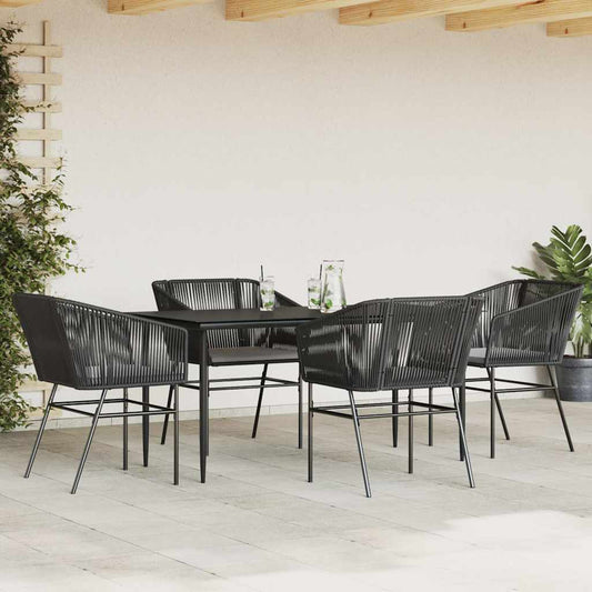5-tlg. Garten-Essgruppe mit Kissen Schwarz Poly Rattan Glas