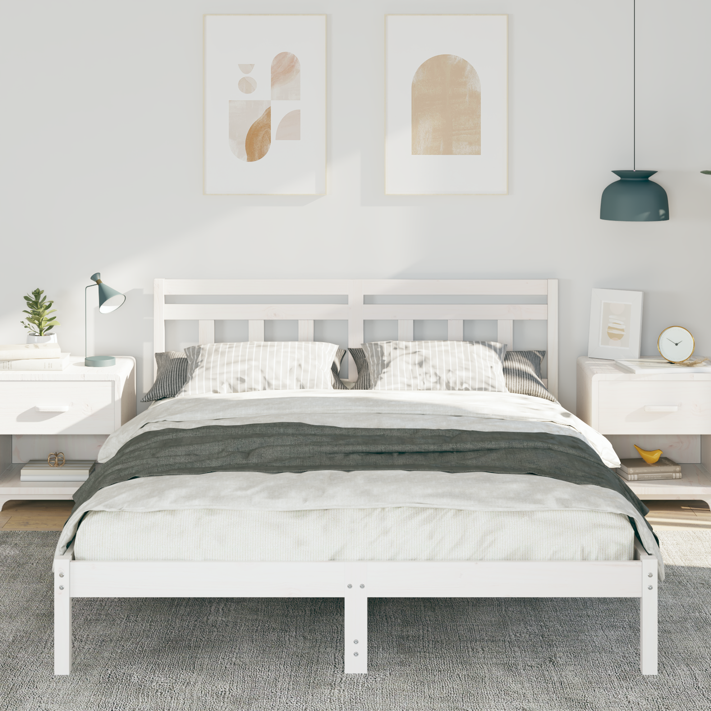 Bettgestell mit Kopfteil Weiß Massivholz Kiefer