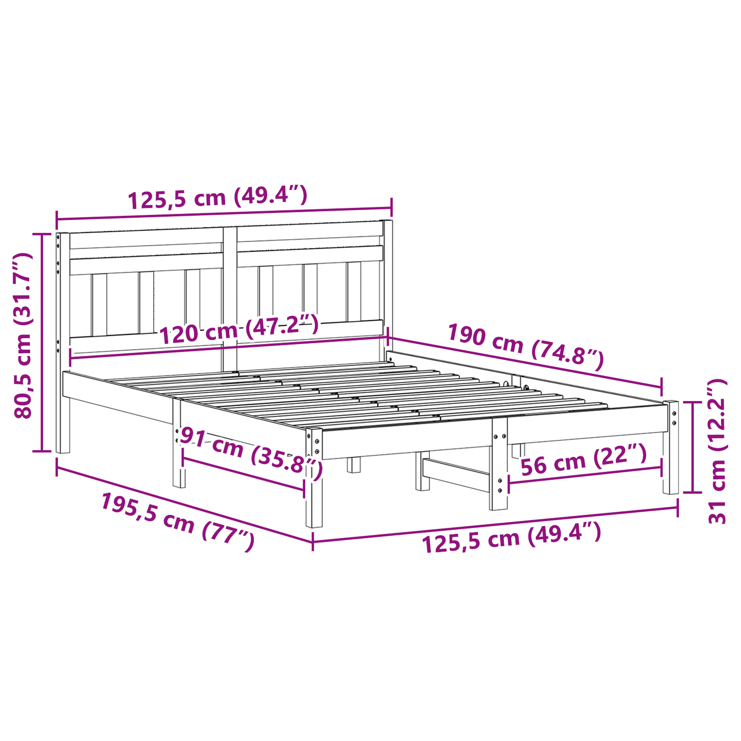 Bettgestell mit Kopfteil Weiß Kiefernholz