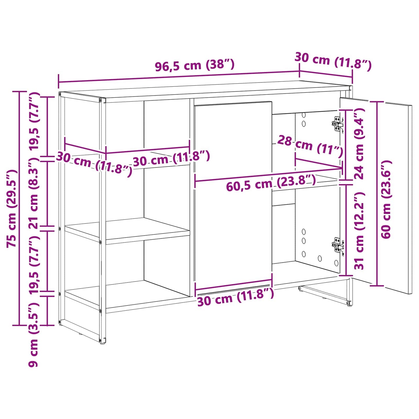 Seitenschrank Raucharbe 96,5 x 30 x 75 cm Holzwerkstoff
