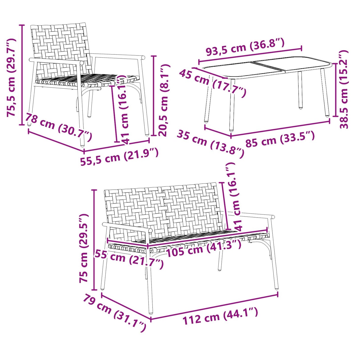 Garten Essgruppe 4 pcs Braun Poly-Rattan