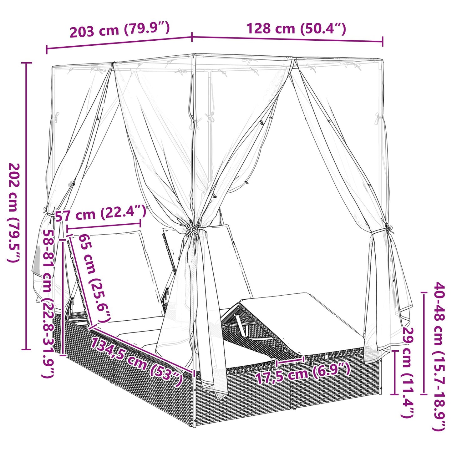 Doppelte Sonnenliege mit Dach Braun 205 x 129 x 200 cm