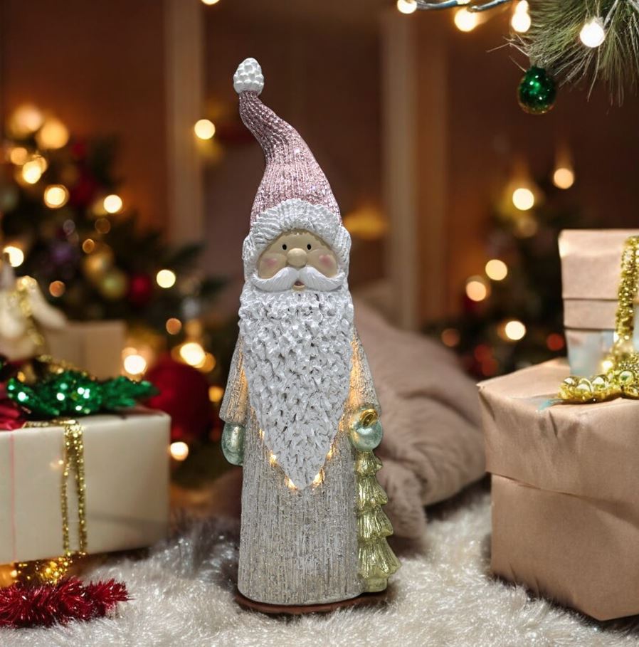 LED Deko Figur Santa mit Tannenbaum in der Hand 56cm