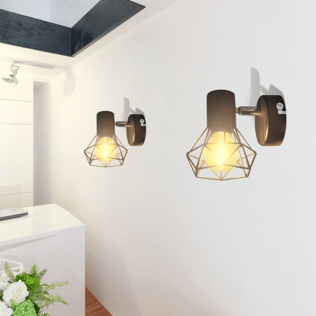 2 schwarze Wandleuchter Industrie-Stil Drahtgestell mit LED-Glühbirne