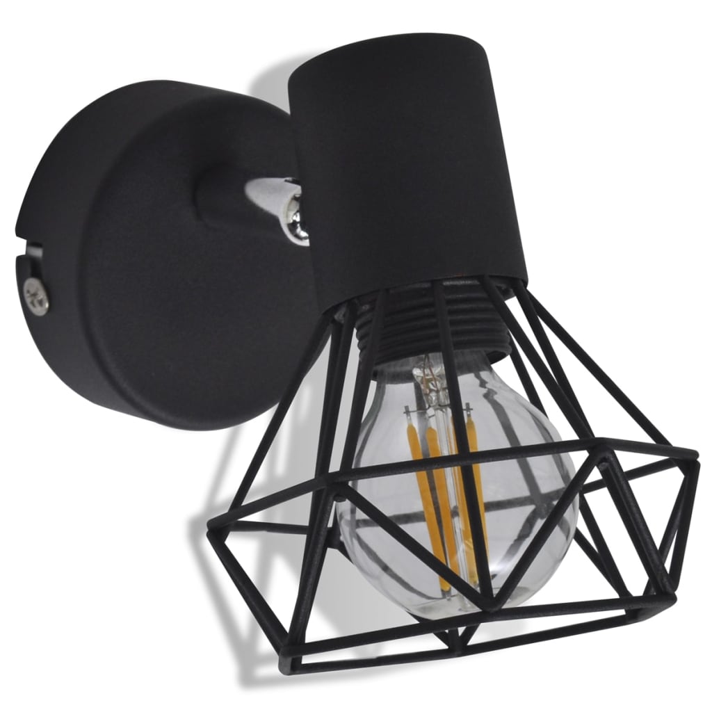 2 schwarze Wandleuchter Industrie-Stil Drahtgestell mit LED-Glühbirne