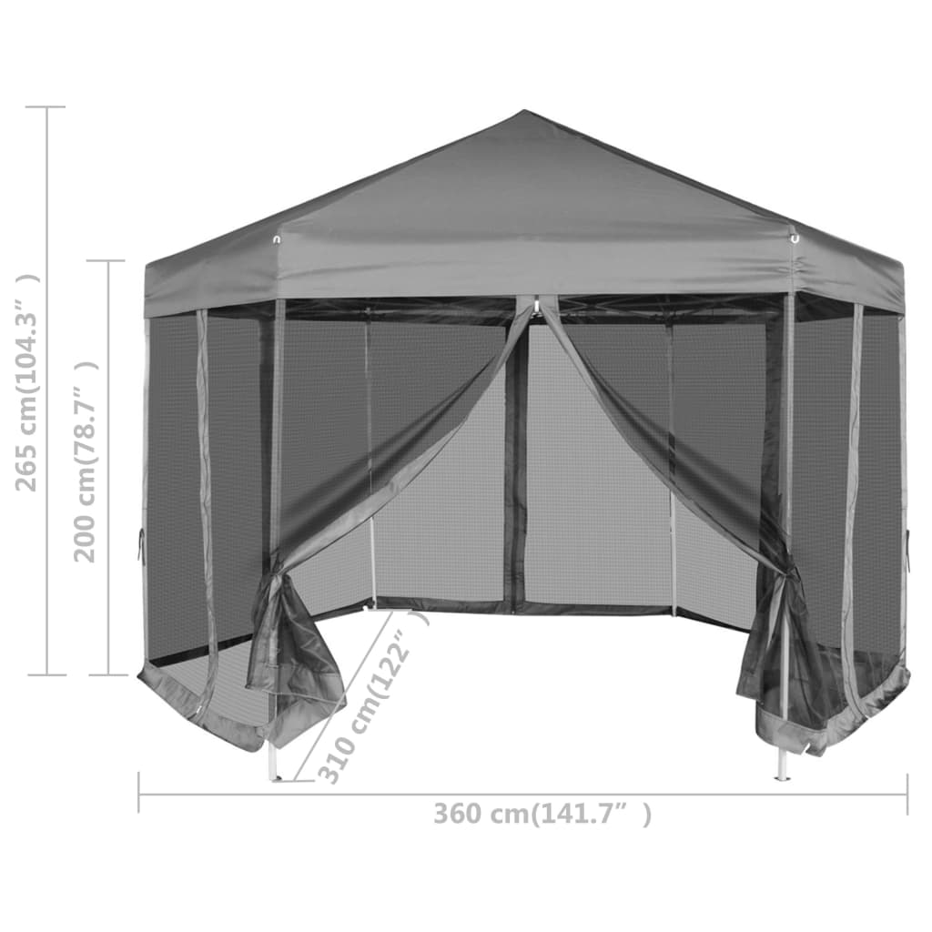 Hexagonal Pop-Up Zelt mit 6 Seitenwänden Grau 3,6x3,1 m