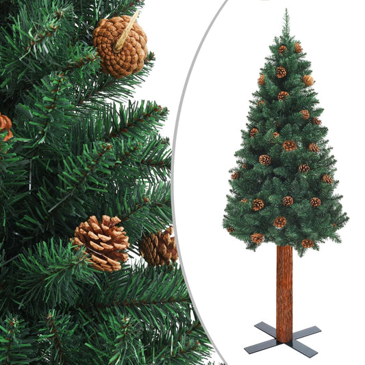 Weihnachtsbaum Schlank mit Echtholz und Zapfen Grün 180 cm PVC