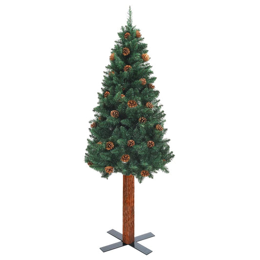 Weihnachtsbaum Schlank mit Echtholz und Zapfen Grün 180 cm PVC