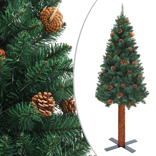 Weihnachtsbaum Schlank mit Echtholz und Zapfen Grün 210 cm PVC