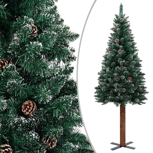 Weihnachtsbaum Schlank mit Echtholz und Schnee Grün 210 cm