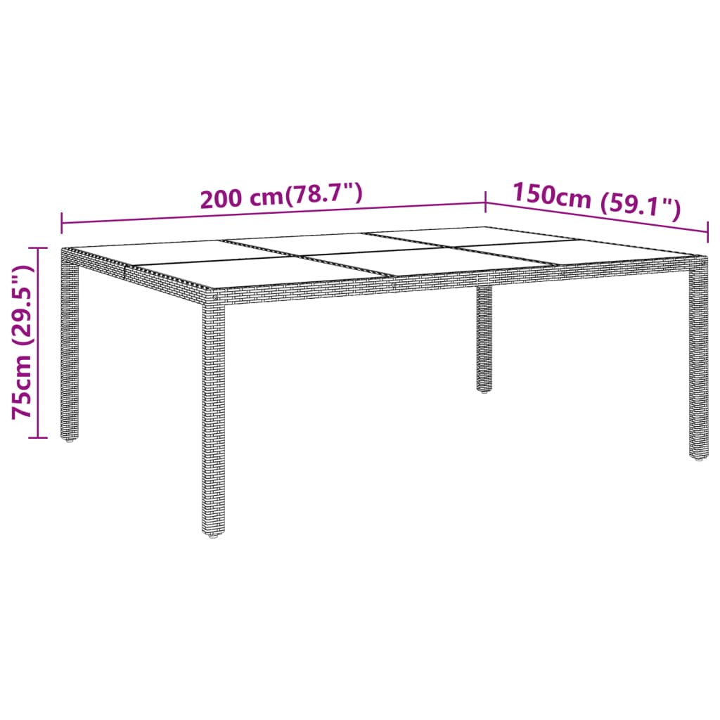 Gartentisch mit Glasplatte Braun 200x150x75 cm Rattan