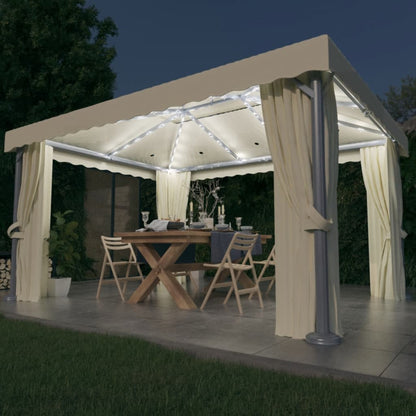 Pavillon mit Vorhängen & LED-Lichterketten 4x3 m Cremeweiß
