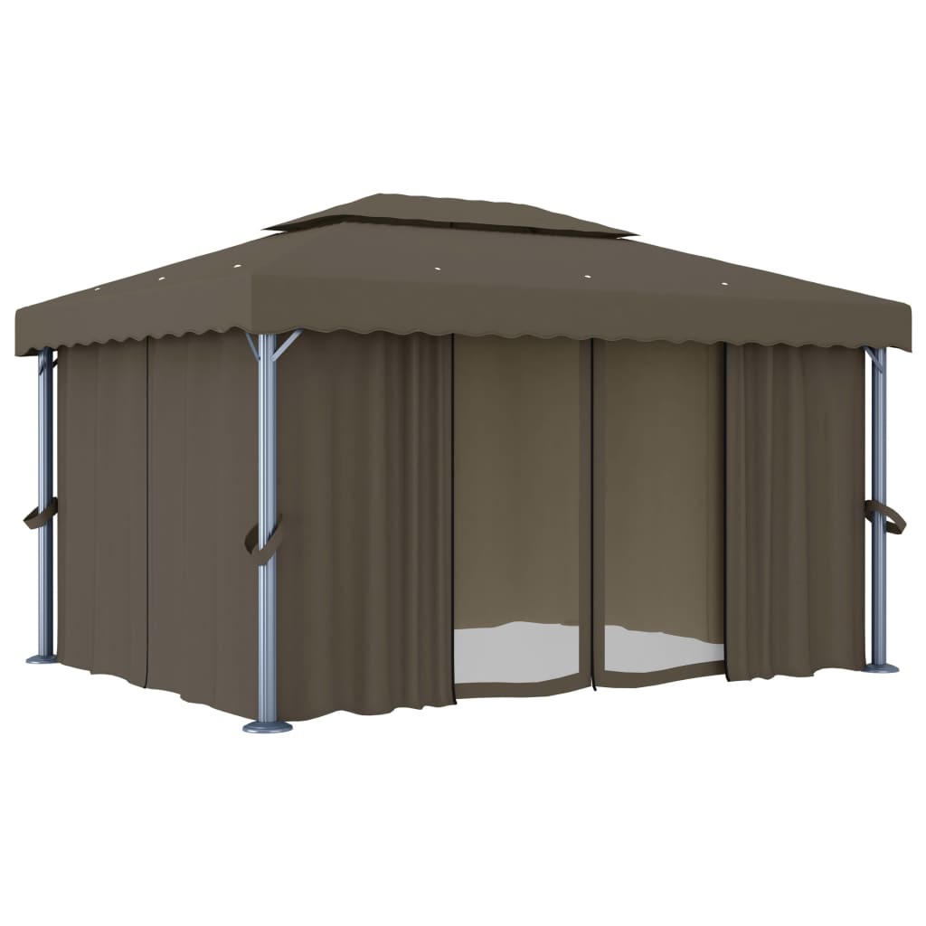 Pavillon mit Vorhängen & LED-Lichterkette 4x3 m Taupe