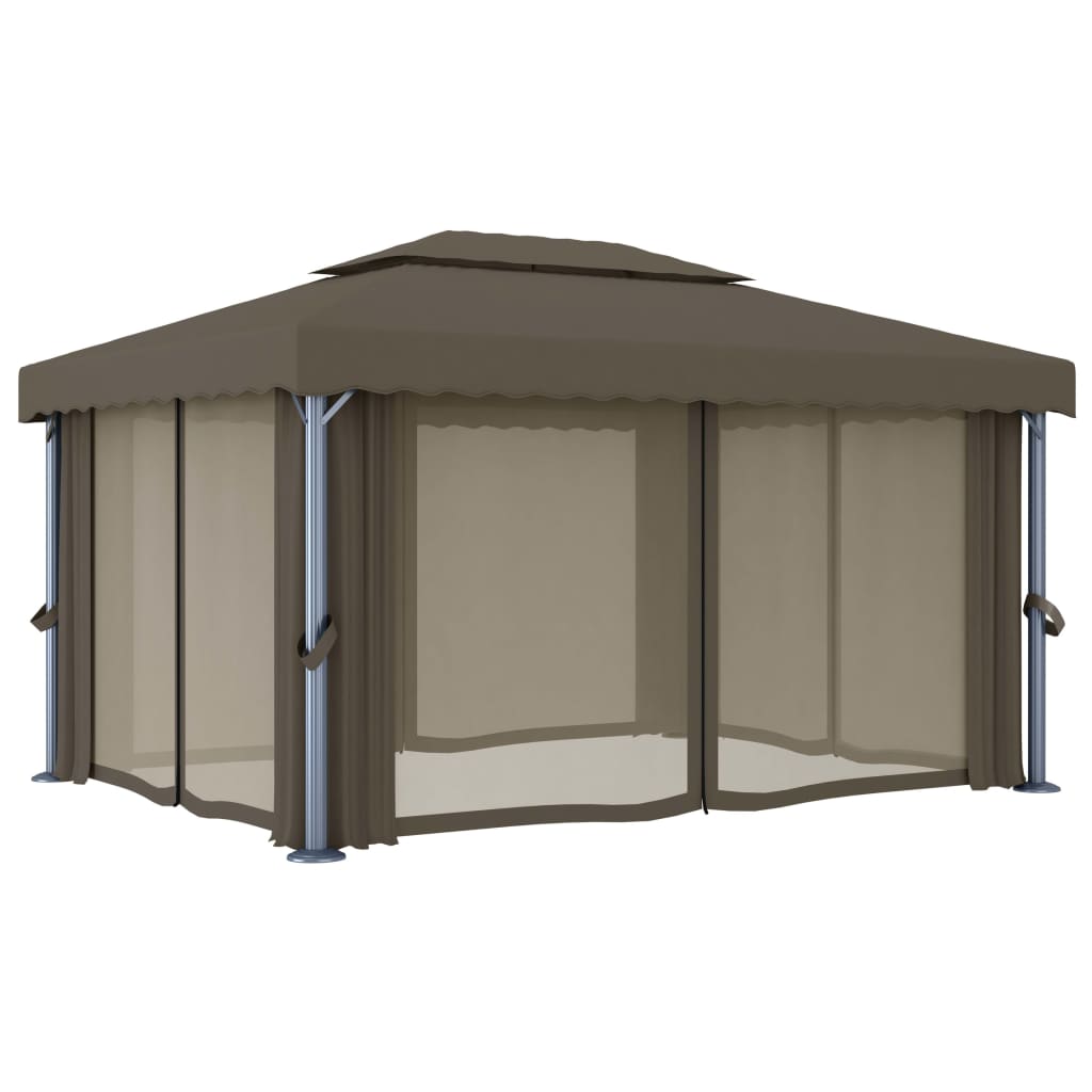 Pavillon mit Vorhängen & LED-Lichterkette 4x3 m Taupe