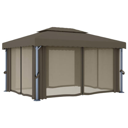 Pavillon mit Vorhängen & LED-Lichterkette 4x3 m Taupe