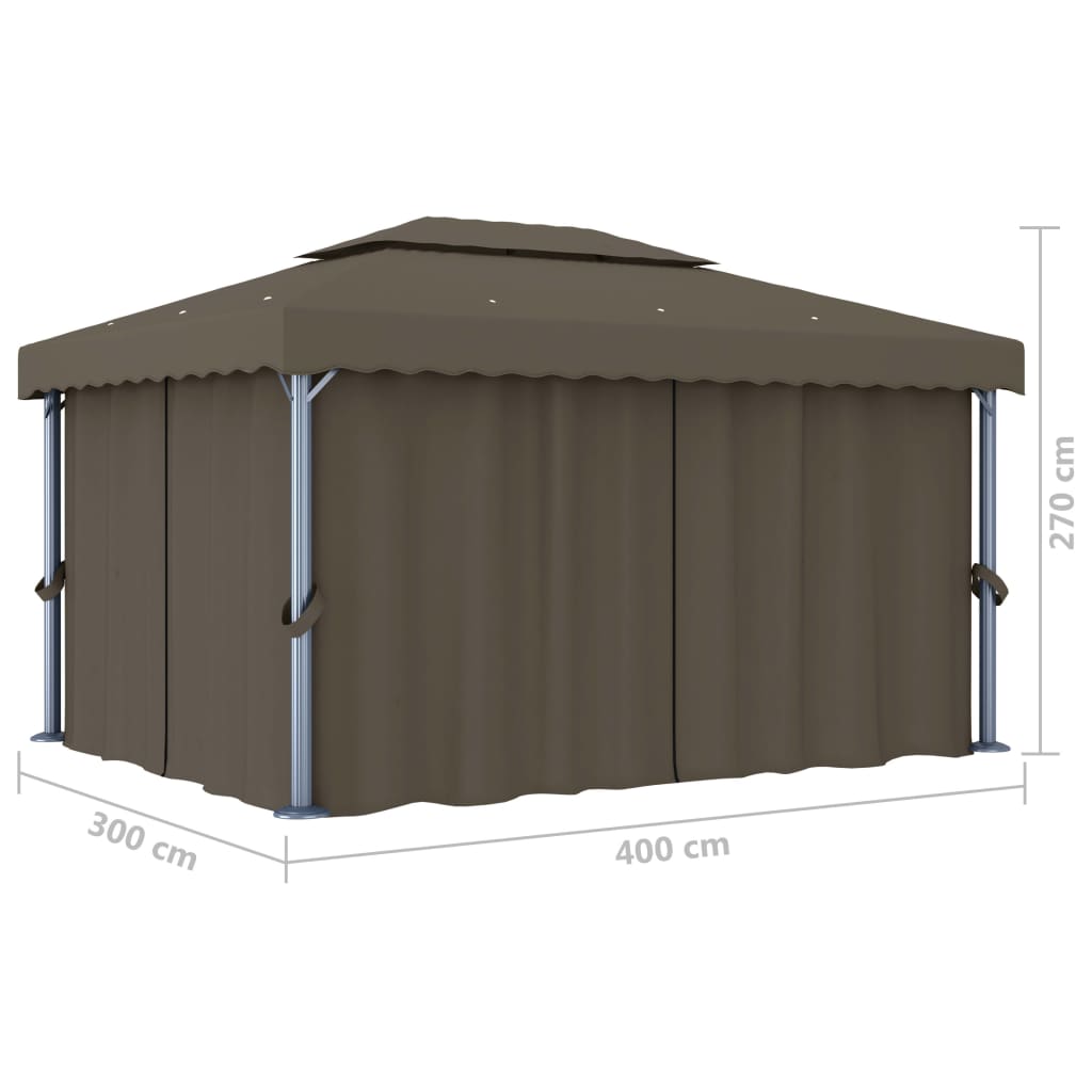 Pavillon mit Vorhängen & LED-Lichterkette 4x3 m Taupe