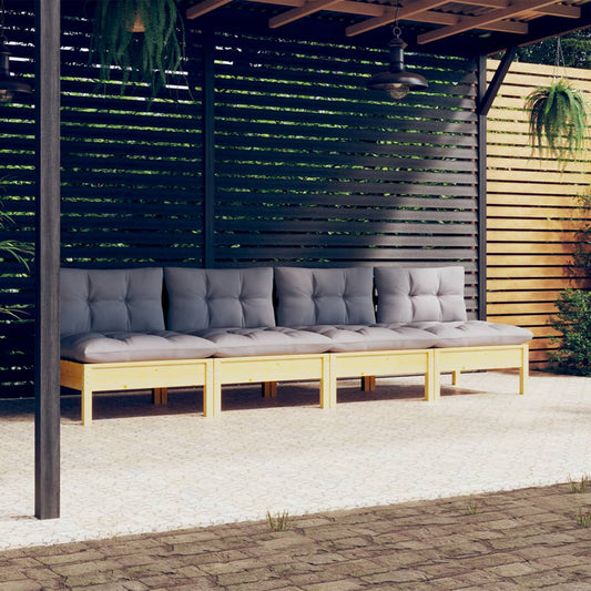 4-Sitzer-Gartensofa mit Grauen Kissen Massivholz Kiefer