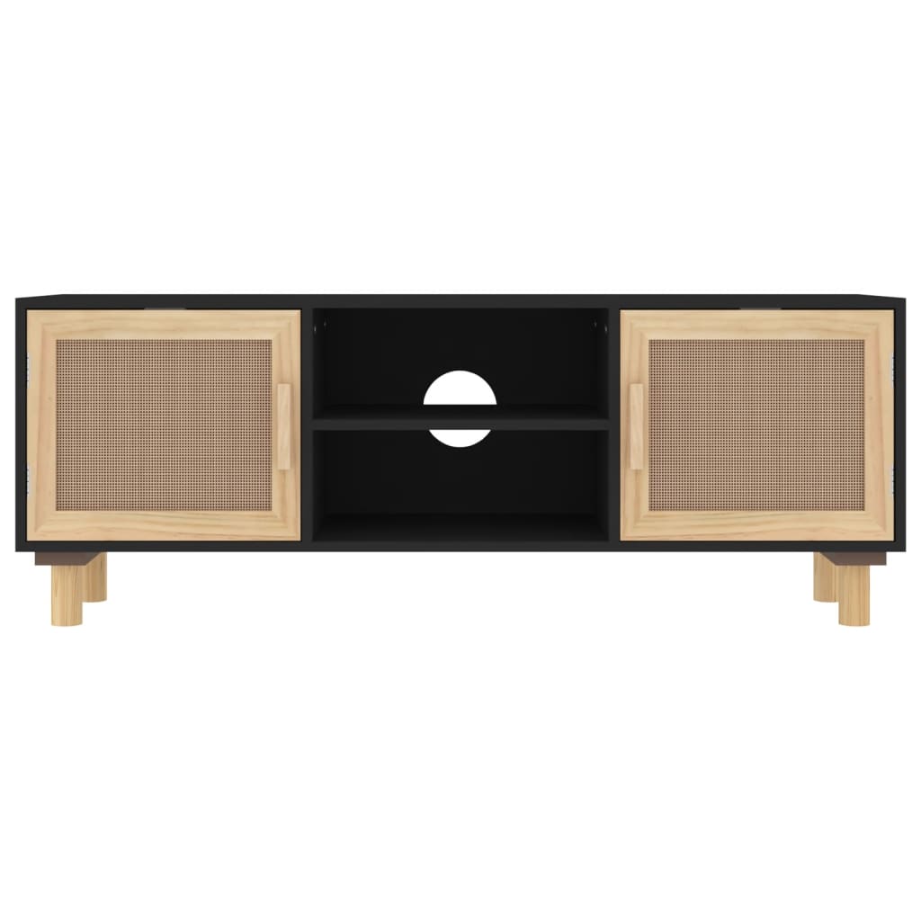 TV-Schrank Schwarz 105x30x40 cm Massivholz Kiefer Natur-Rattan