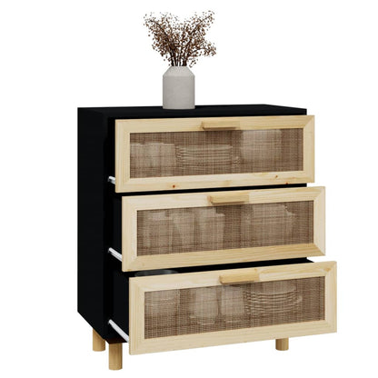 Sideboard Schwarz 60x30x70cm Massivholz Kiefer und Natur-Rattan
