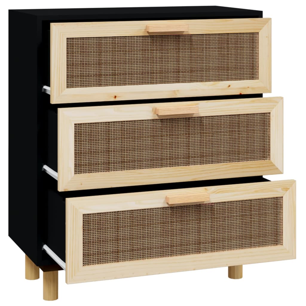 Sideboard Schwarz 60x30x70cm Massivholz Kiefer und Natur-Rattan
