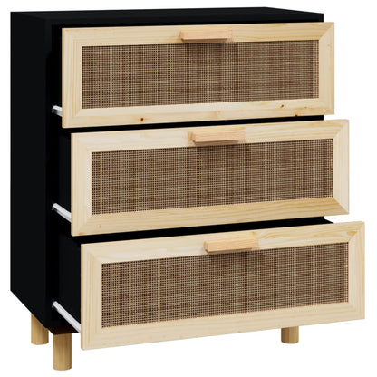 Sideboard Schwarz 60x30x70cm Massivholz Kiefer und Natur-Rattan