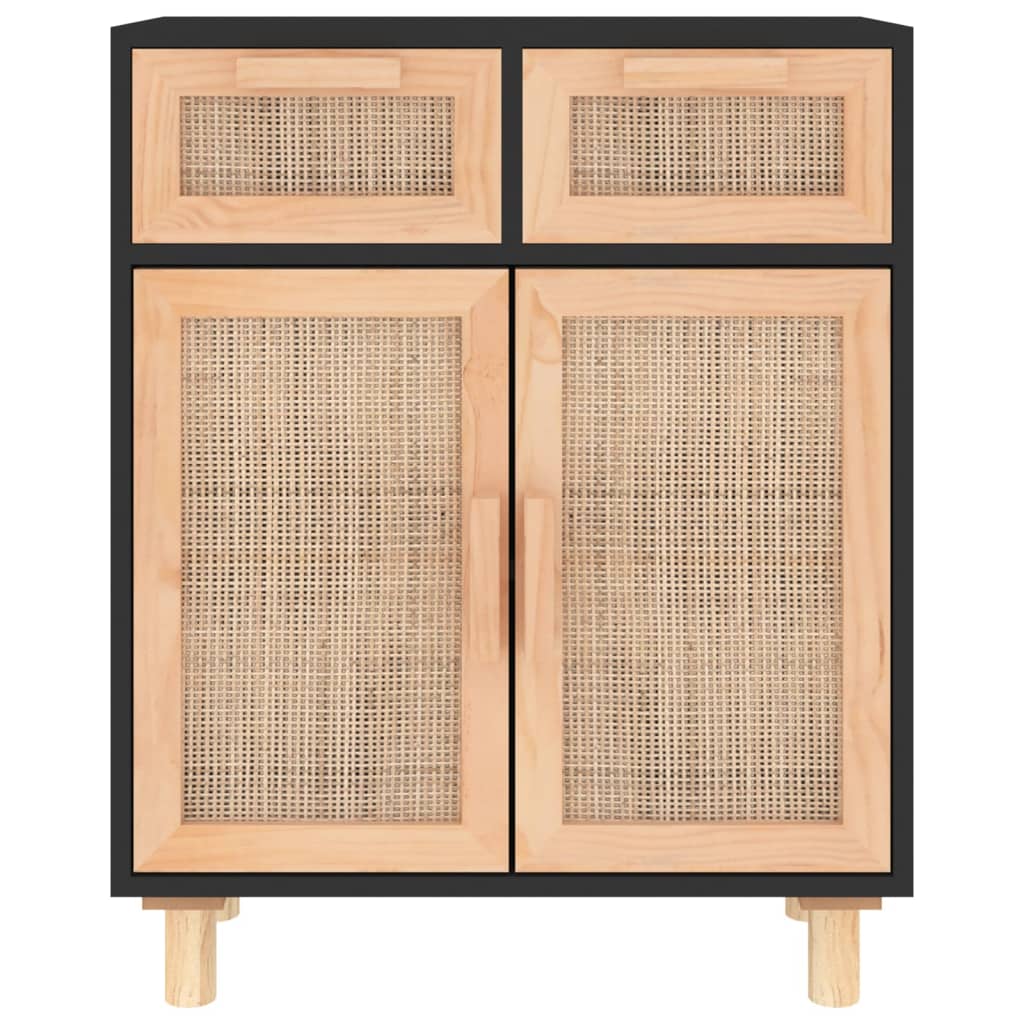 Sideboard Schwarz 60x30x75cm Massivholz Kiefer und Natur-Rattan