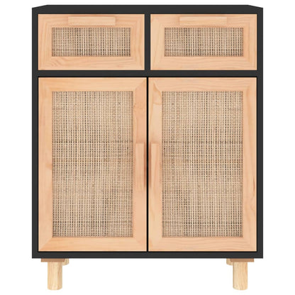 Sideboard Schwarz 60x30x75cm Massivholz Kiefer und Natur-Rattan