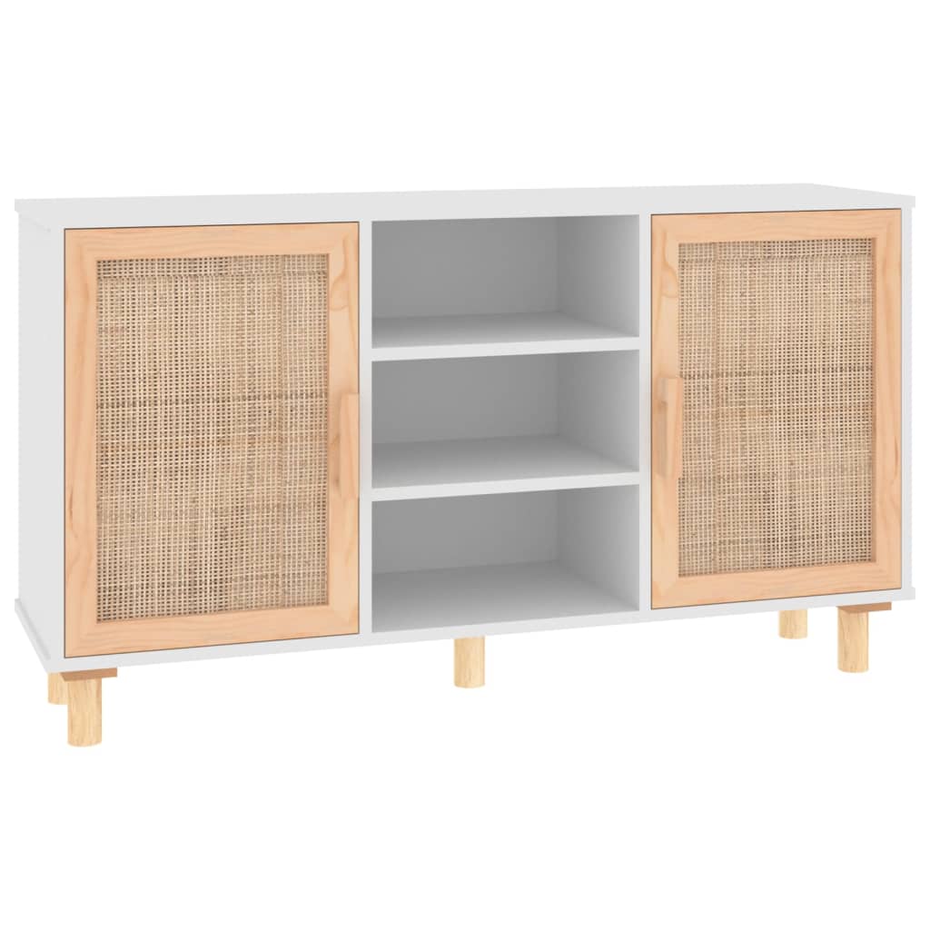 Sideboard Weiß 105x30x60 cm Massivholz Kiefer und Natur-Rattan