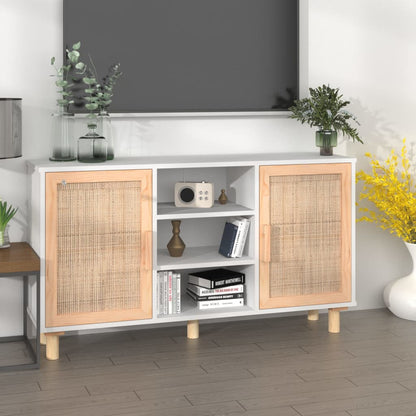 Sideboard Weiß 105x30x60 cm Massivholz Kiefer und Natur-Rattan