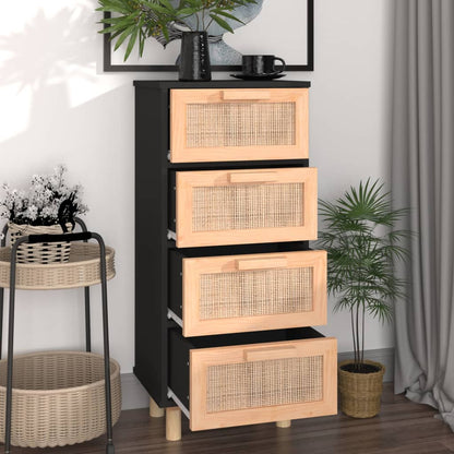 Sideboard Schwarz 40x30x90cm Massivholz Kiefer und Natur-Rattan
