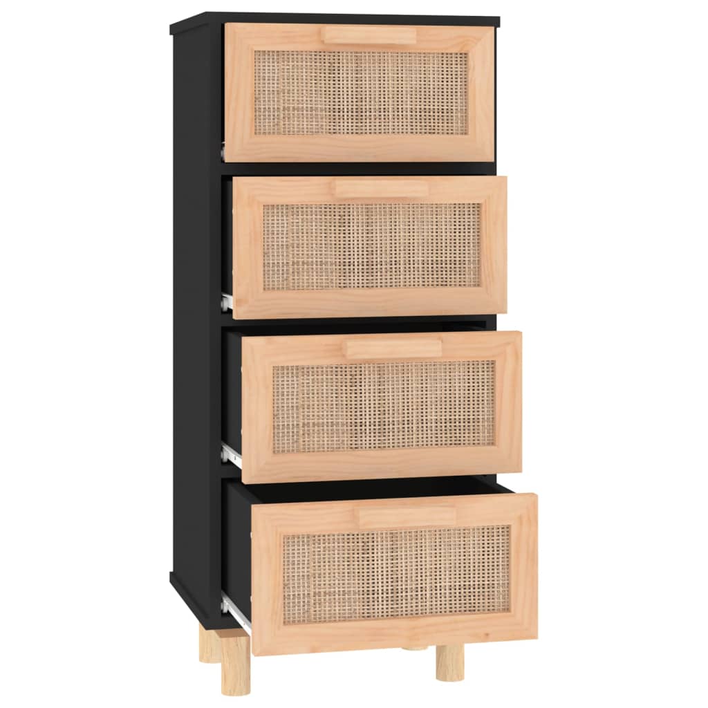 Sideboard Schwarz 40x30x90cm Massivholz Kiefer und Natur-Rattan
