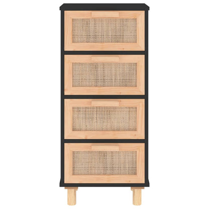 Sideboard Schwarz 40x30x90cm Massivholz Kiefer und Natur-Rattan