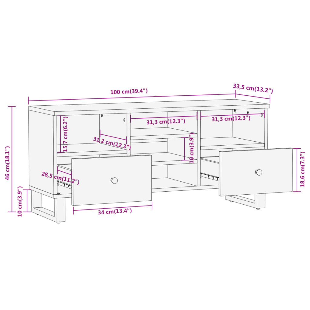 TV-Schrank Braun und Schwarz 100x33,5x46 cm Massivholz Mango
