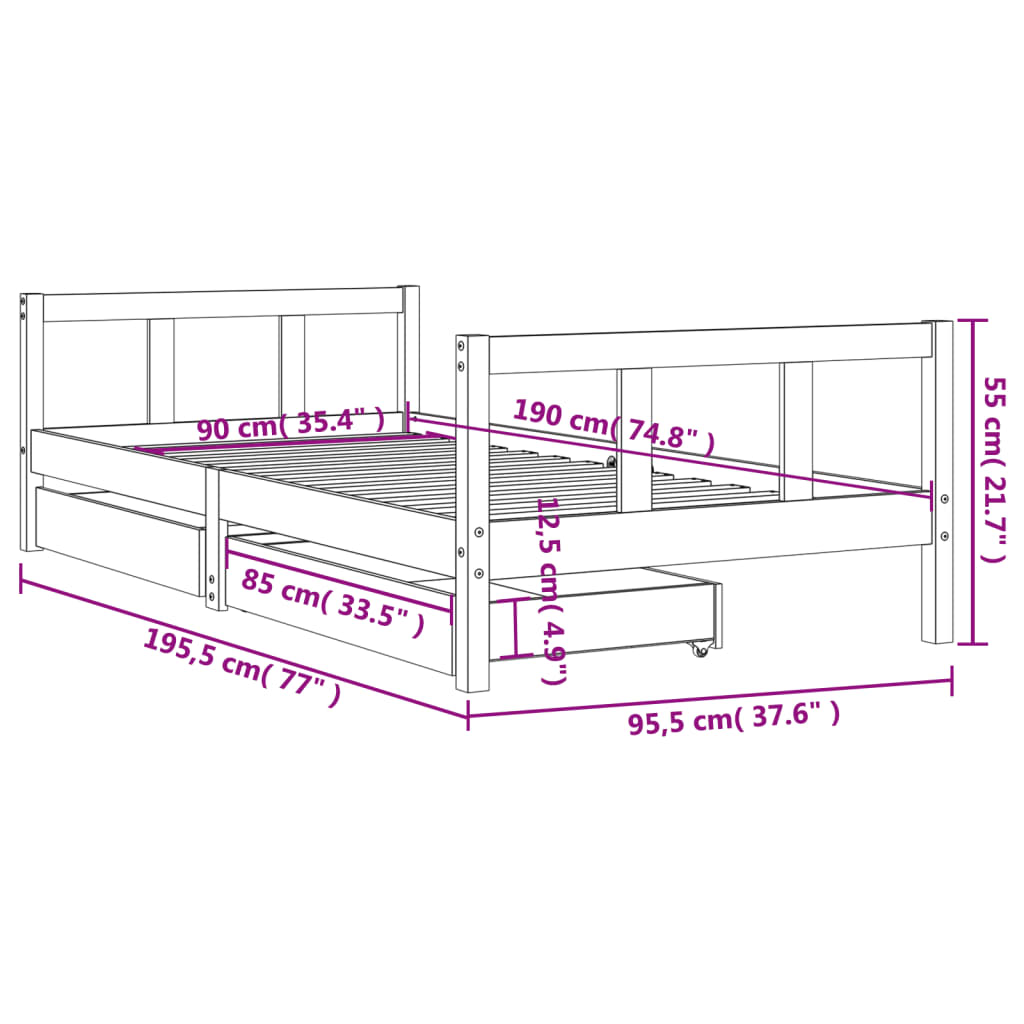 Kinderbett mit Schubladen Weiß 90x190 cm Massivholz Kiefer