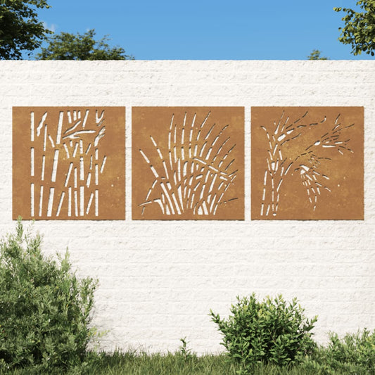 3-tlg. Garten-Wanddeko 55x55 cm Cortenstahl Gras-Design